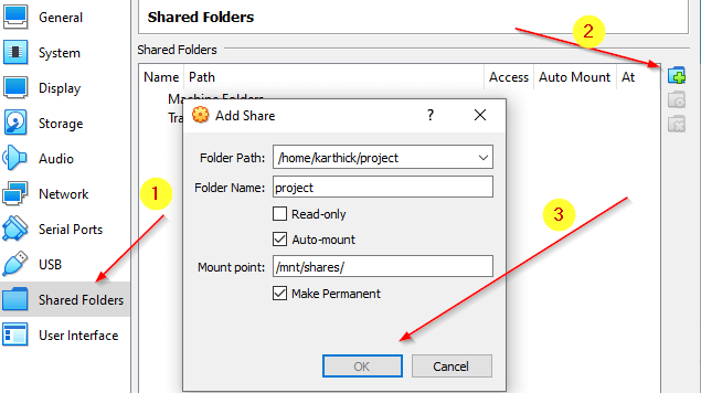 Enable Shared Folder in VirtualBox