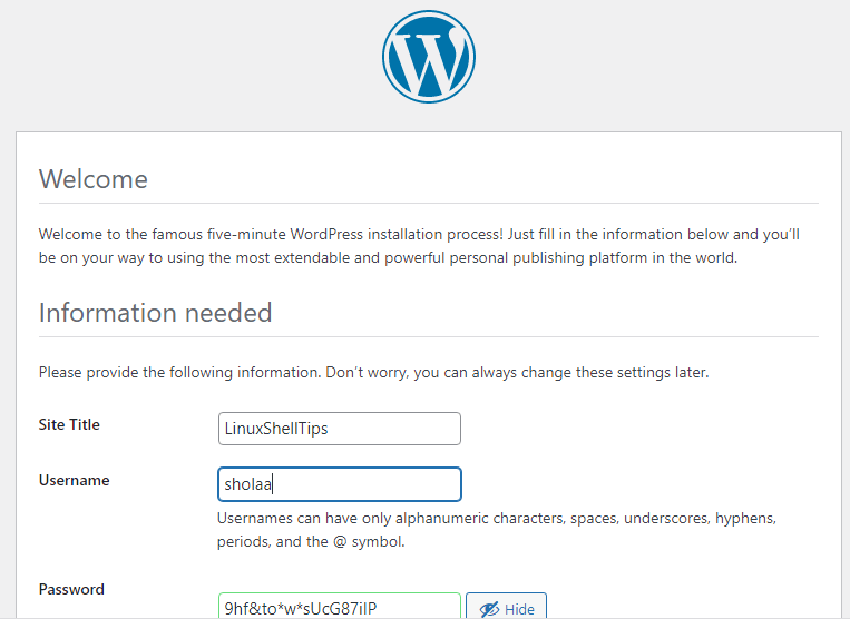 WordPress Installation Page