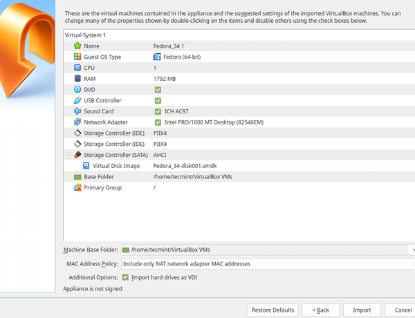 Import Virtual Machine Settings