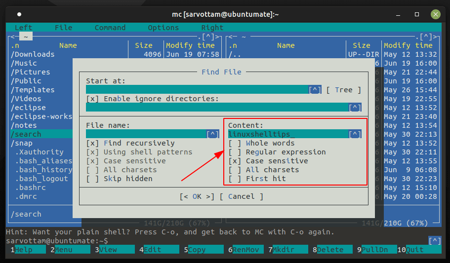 Search File Contents Using Midnight Commander