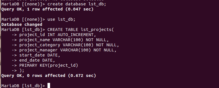 Create Database with Table and Row