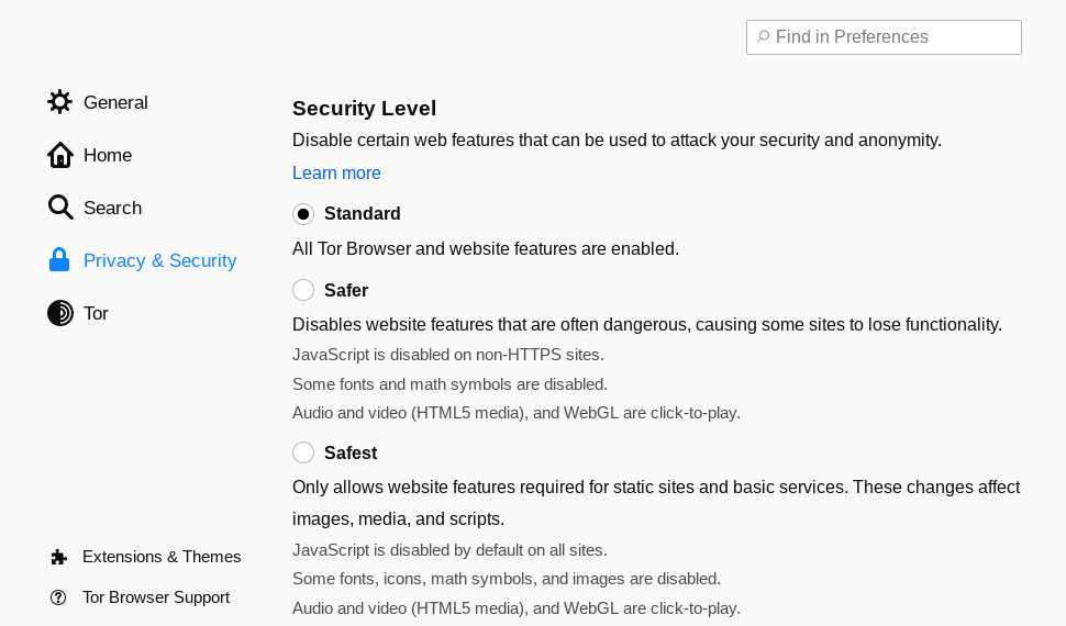 Tor Security Settings