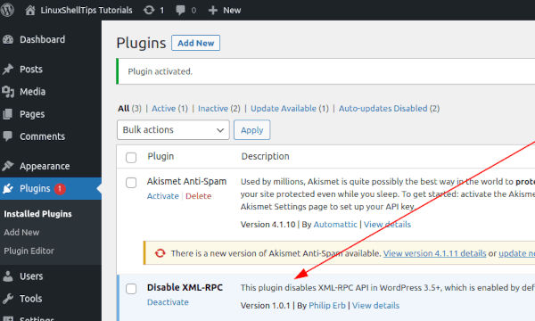 Active Disable XML RPC Plugin