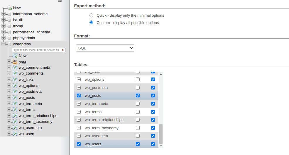 Export WordPress Database Tables