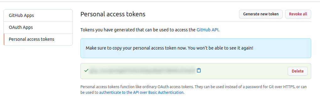 Personal Access Token Generated