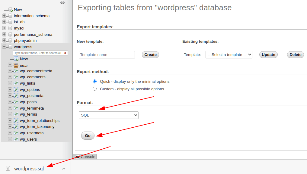 Quick WordPress Database Backup via PhpMyAdmin