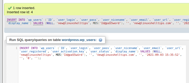 Run SQL Query to Create WordPress User