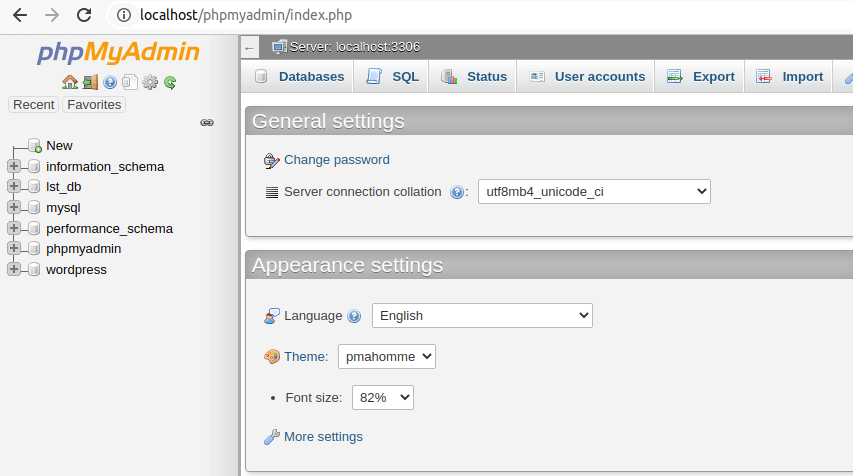 phpMyAdmin Dashboard