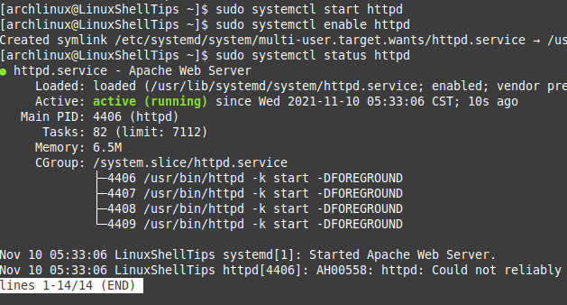 Check Apache Status in Arch Linux