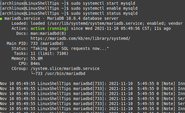 Check MySQL Status in Arch Linux