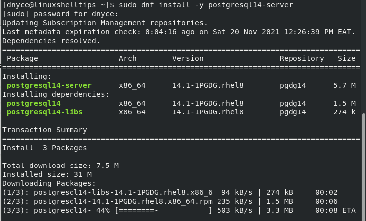 Install PostgreSQL in RHEL 8