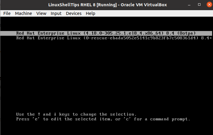 RHEL 8 Boot Grub Menu