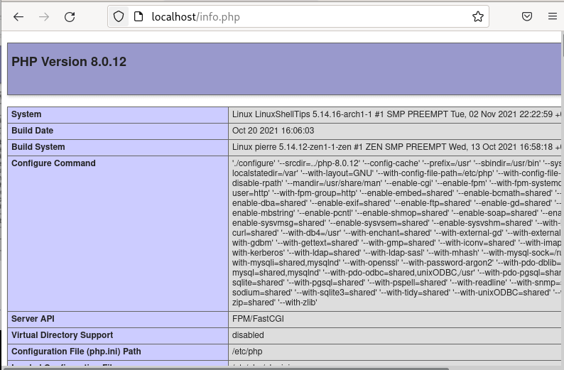 Verify PHP Info in Arch Linux