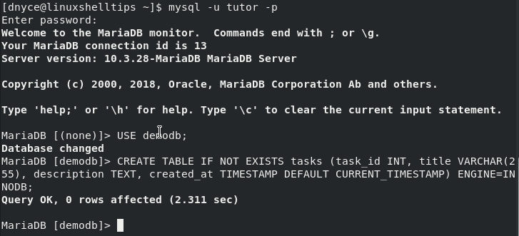 Create New MySQL Database Table