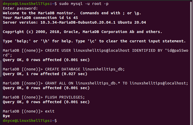 Create MySQL Database User in Ubuntu