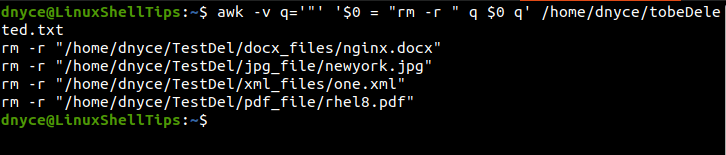 Delete Files with Awk Command
