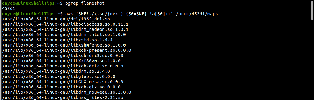 Find Shared Libraries Using Awk Command