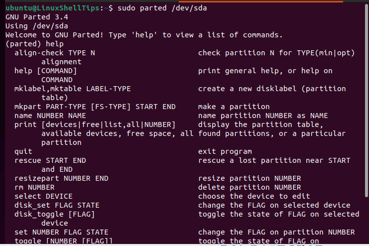 Linux Parted Command Help