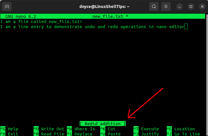 Redo in Nano Editor in Linux
