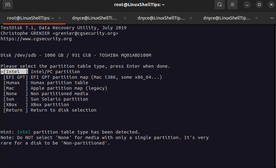 Choose Default Partition Table