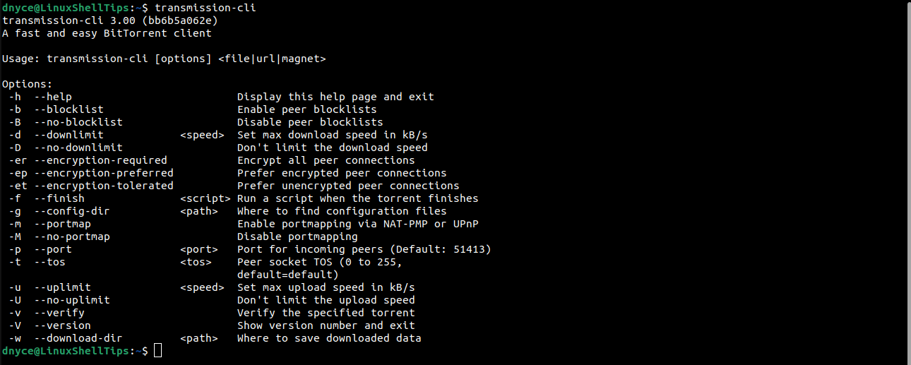 Transmission-cli Usage Help