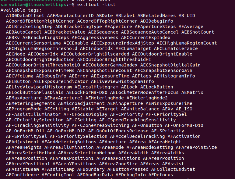 List ExifTool Tags