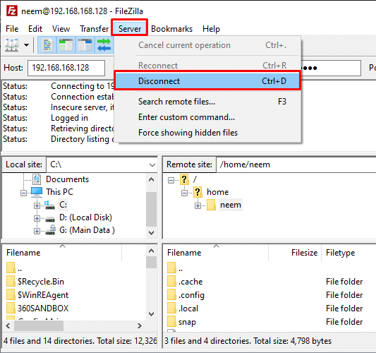 Disconnect Pure-FTPd Connection