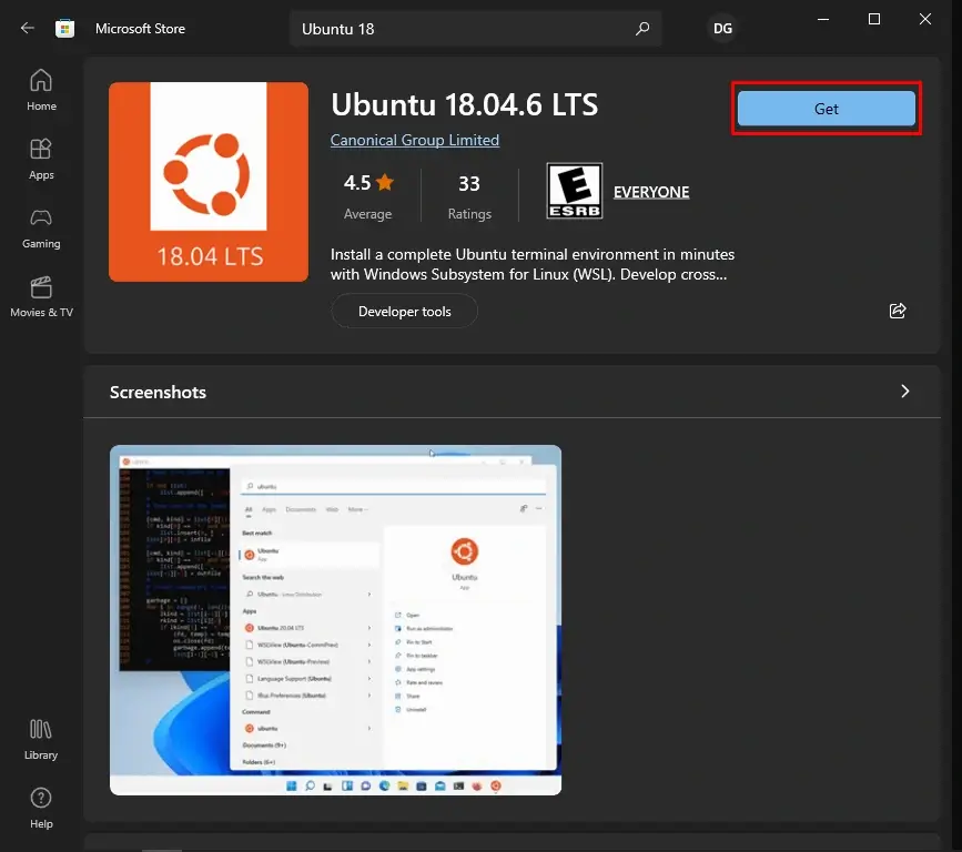 Install Ubuntu via Windows Store