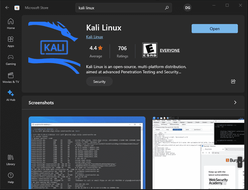 Open Kali Linux on Windows