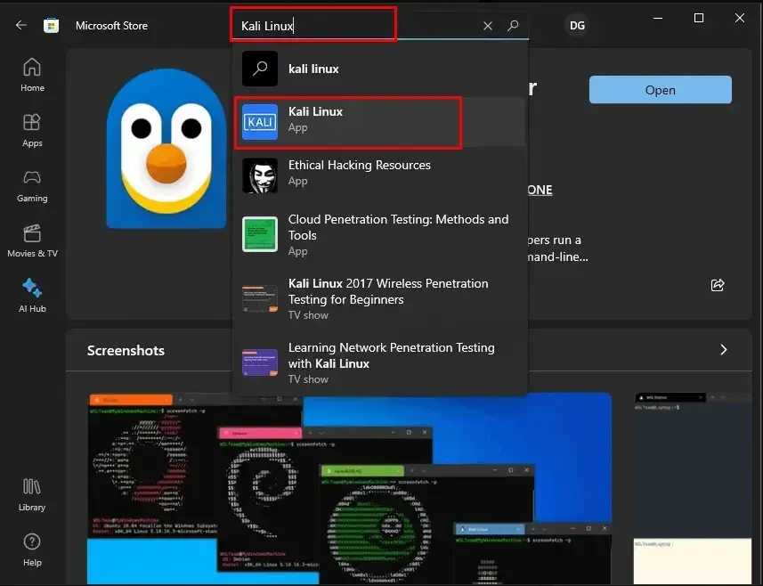 Search Kali Linux on WSL