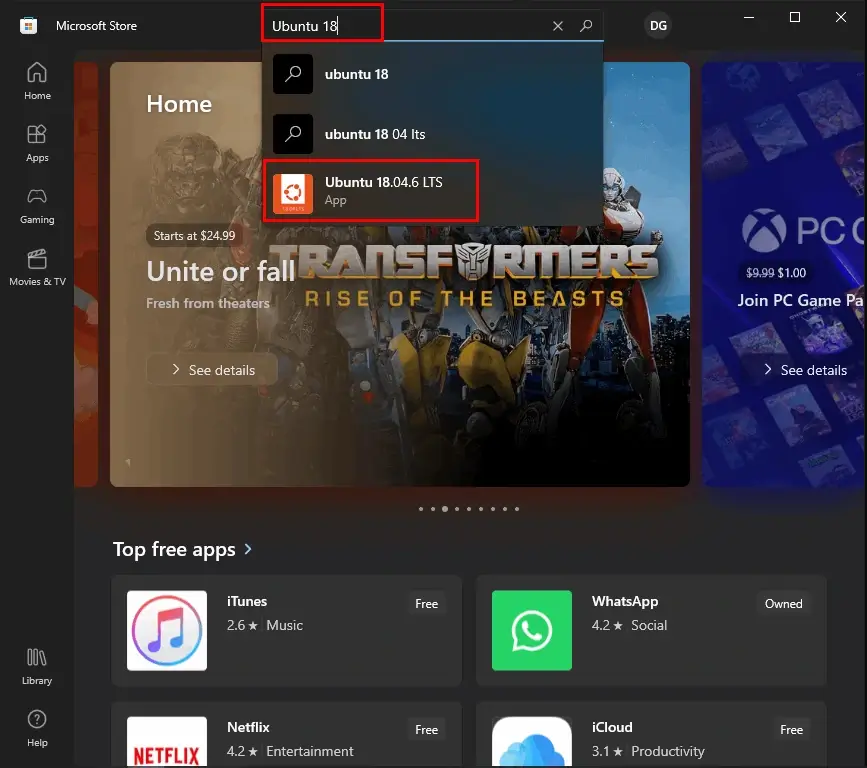 Search Ubuntu on Microsoft Store