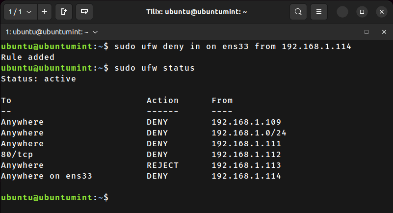 Block IP Address to Interface in UFW