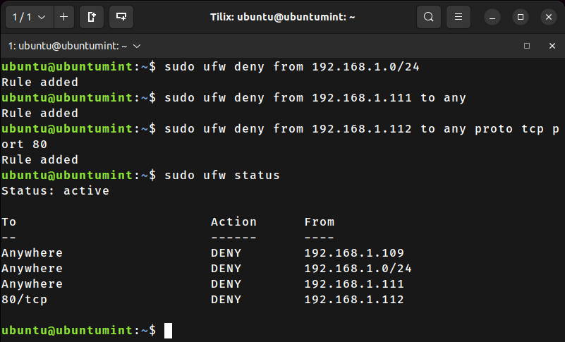 Block IP Address to a Port in UFW