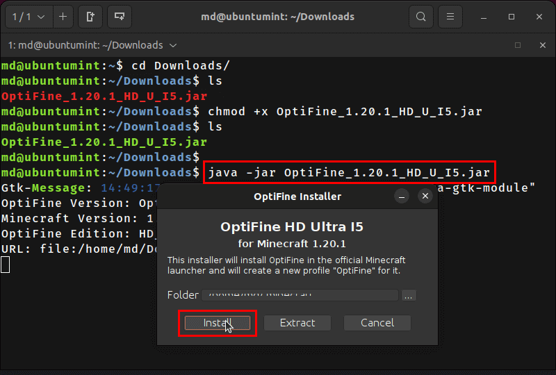 Install OptiFine in Ubuntu