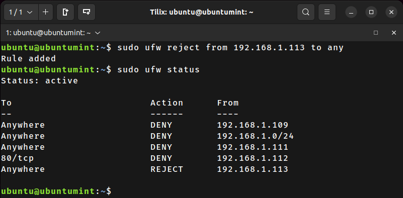 Reject IP Address in UFW