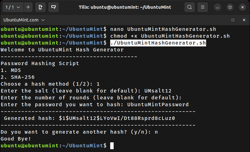 Ubuntu Hash Generator Bash Script