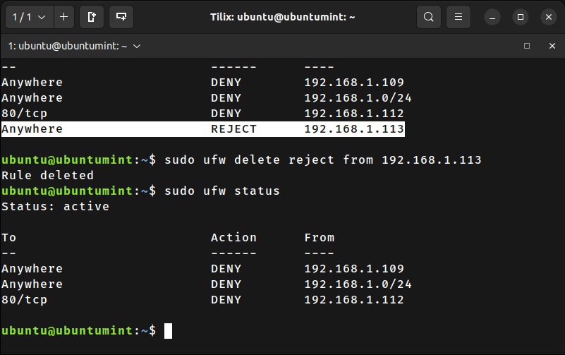 Unblock Reject IP Address in UFW