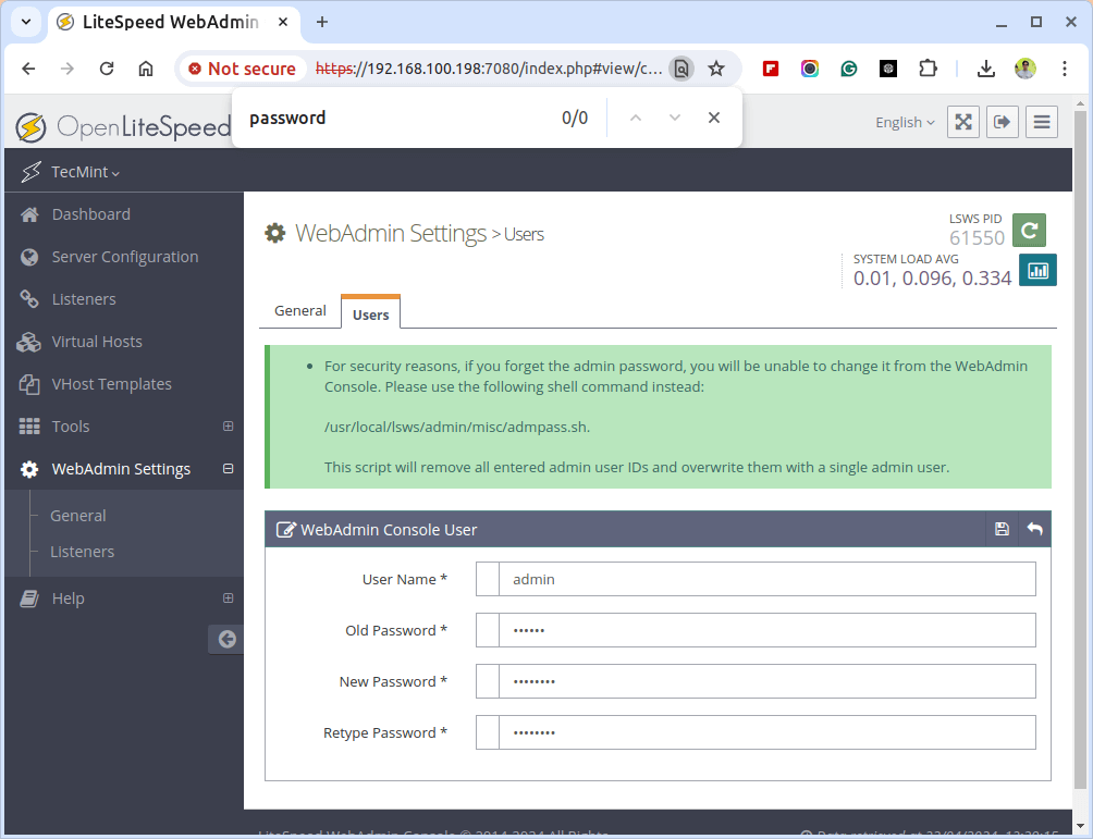 Change OpenLiteSpeed Admin Password